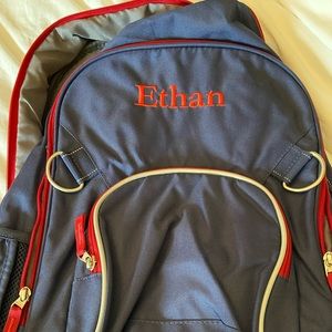 NEW!  Pottery Barn Kids large backpack, navy with red embroidered with Ethan